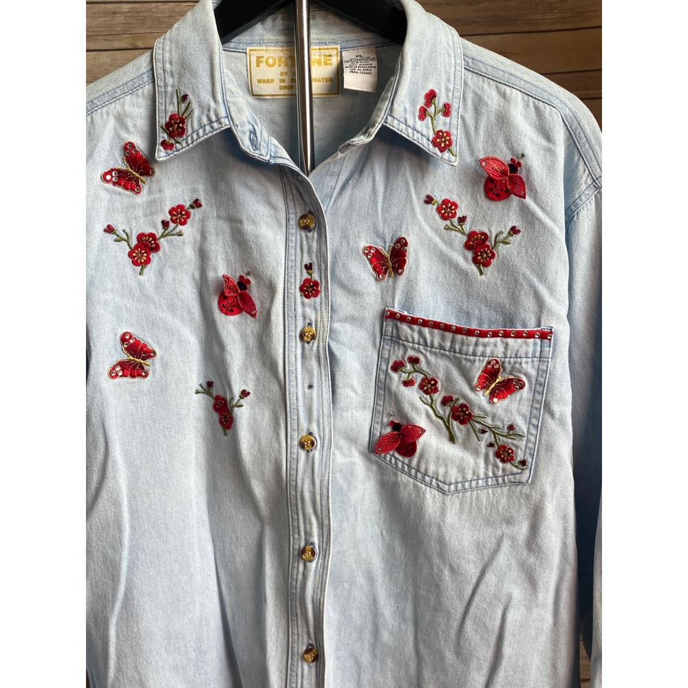 Vintage Fortune by Stan Denim Shirt XL Embroidered Butterfly Floral denin